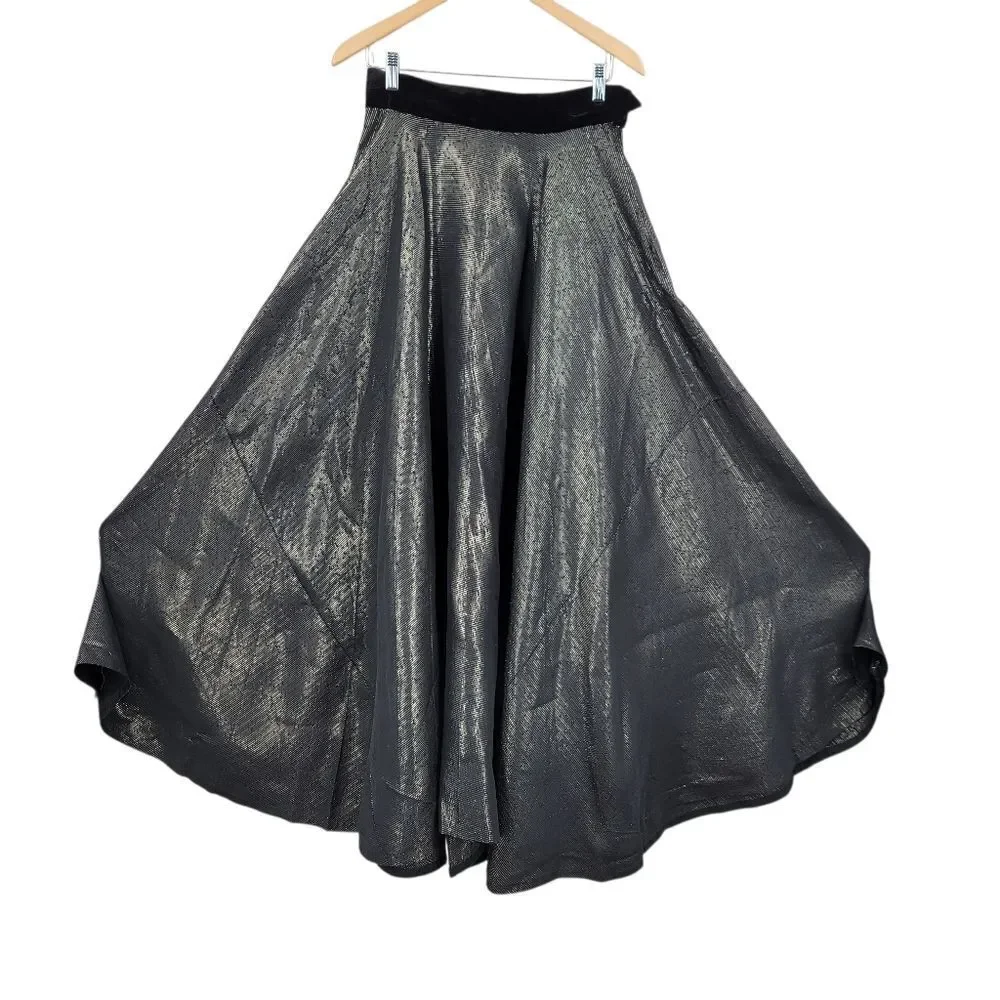 50s Handmade Lurex Black and Gold Striped Fabric Maxi Skirt Velvet Waistband